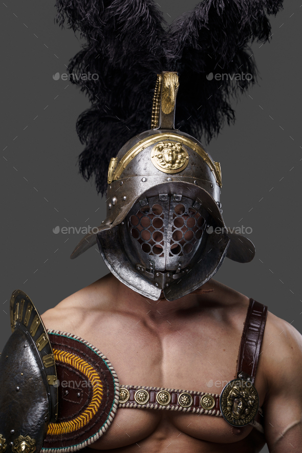 Muscular Colosseum Fighter With Naked Torso And Plumed Helmet Stock